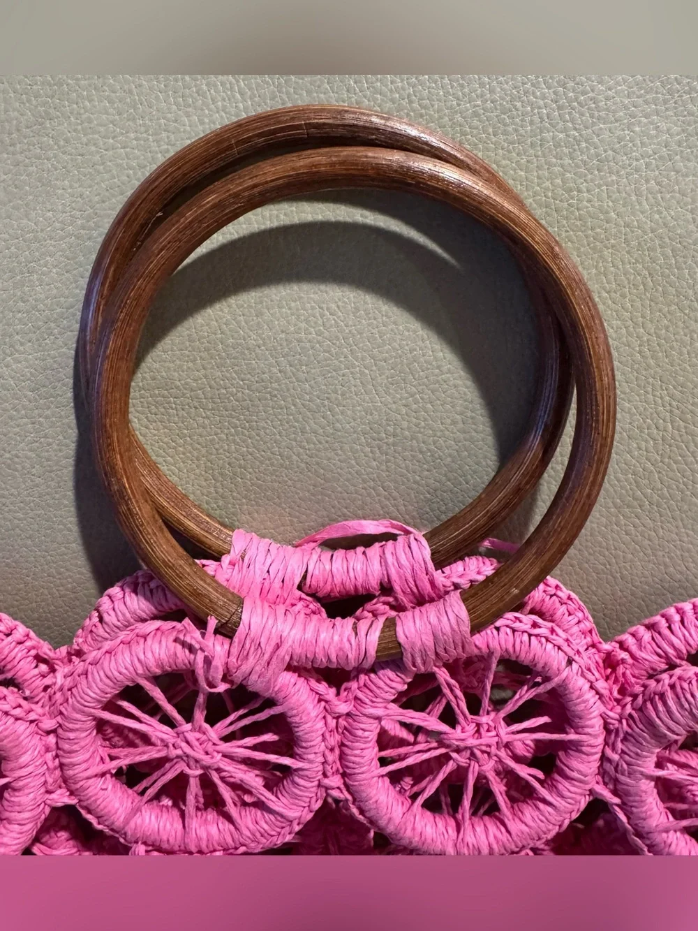 Woven Circle Statement Tote in Hot Pink with Wooden Handles with Beige Lining
